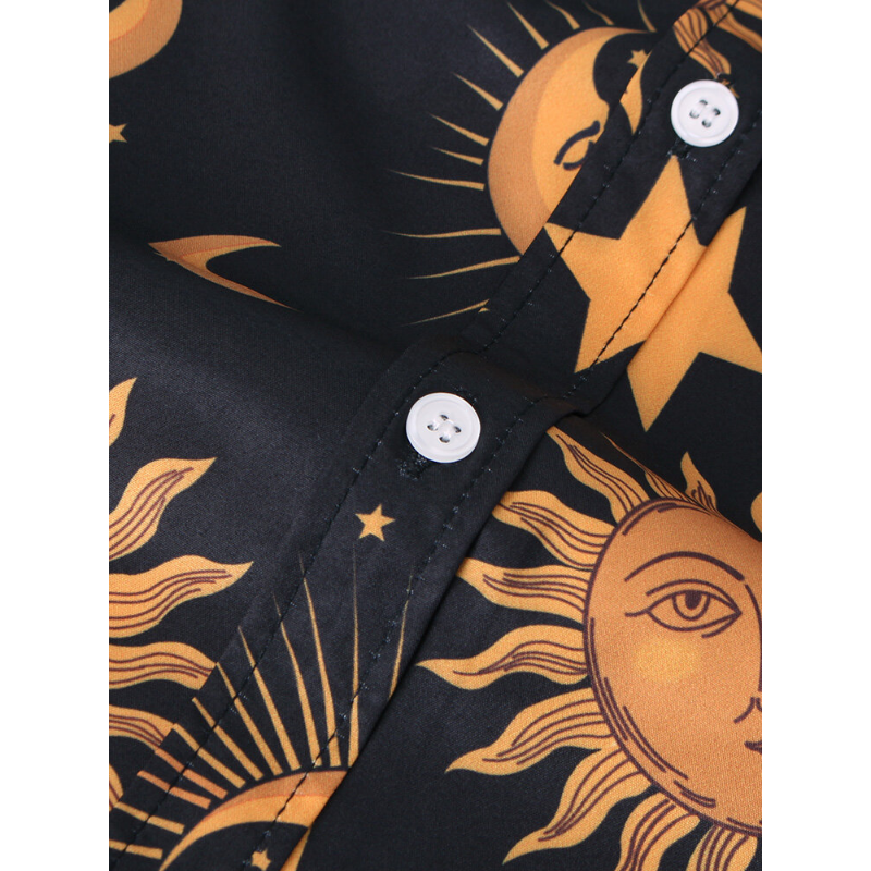 Men Sun Moon Print Short Sleeve Relaxed Shirts