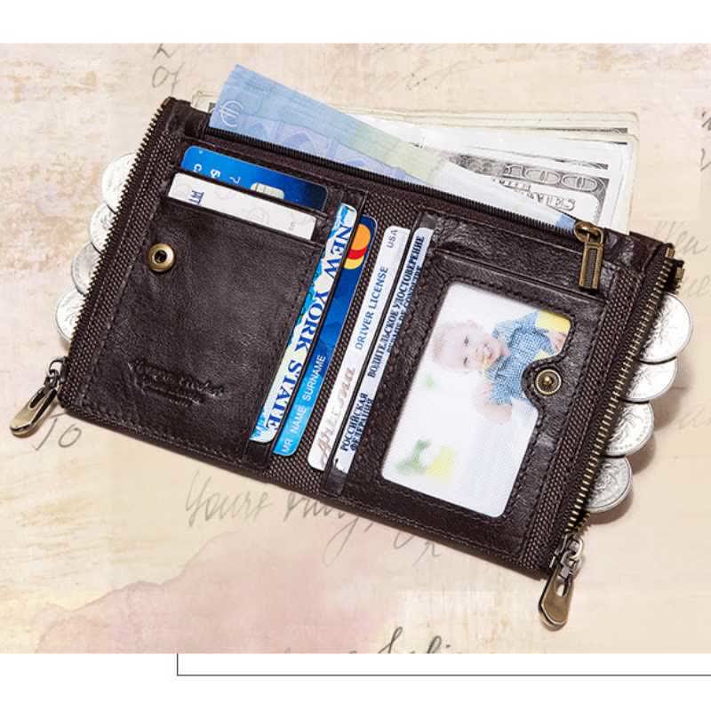 RFID Blocking Anti-theft Chain Bifold Wallet Men's Vintage Double Zipper Leather Wallet