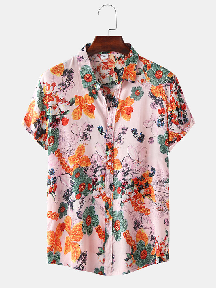 Mens Floral Oil Printing Short Sleeve Shirts