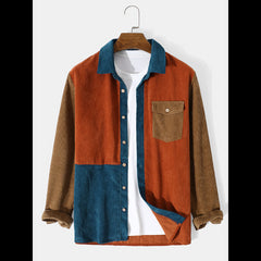 Mens Splicing Corduroy Button Color Block Casual Shirt