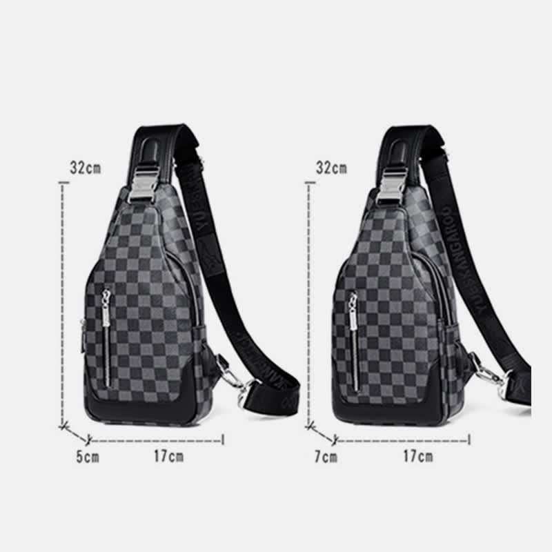 Men's Travel Double Layer PU Leather Light Shoulder Bag Plaid Messenger Backpack