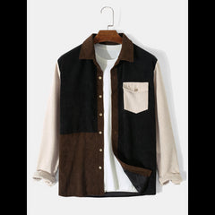 Mens Splicing Corduroy Button Color Block Casual Shirt