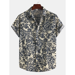 Men Cotton Ethnic Pattern Floral Print Oriental Short Sleeve Shirts