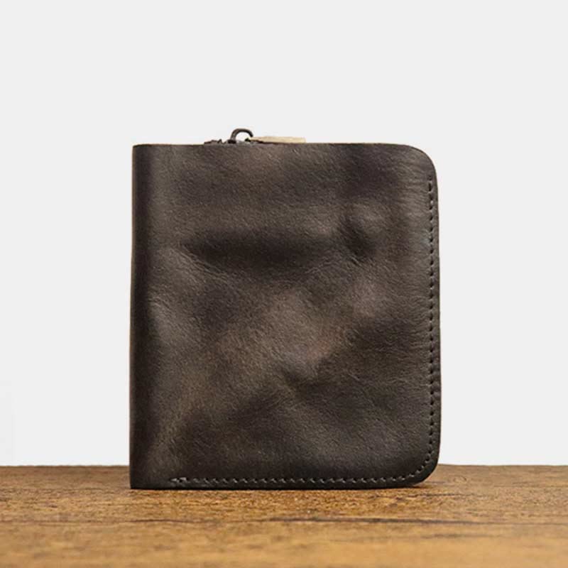 Men's Vintage Crinkled Leather Wallet Bifold Short Zipper Coin Card Holder