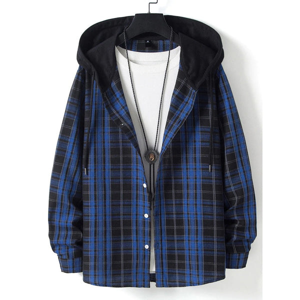 Men's Loose Long Sleeve Top Button Up Shirt Contrast Color Hooded Plaid Shirt