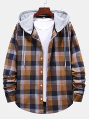 Men's Loose Long-sleeved Multi-color Plaid Drawstring Hooded Casual Shirt