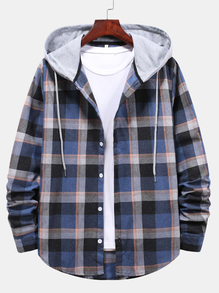 Men's Loose Long-sleeved Multi-color Plaid Drawstring Hooded Casual Shirt