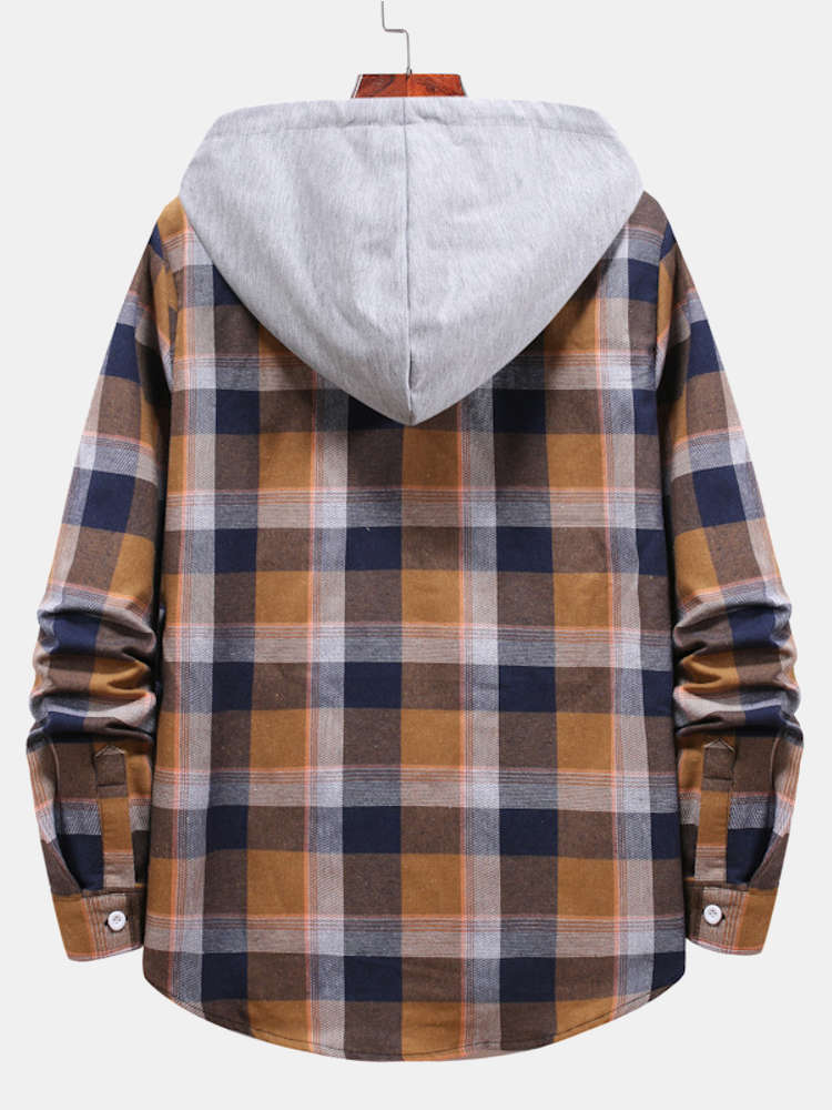 Men's Loose Long-sleeved Multi-color Plaid Drawstring Hooded Casual Shirt