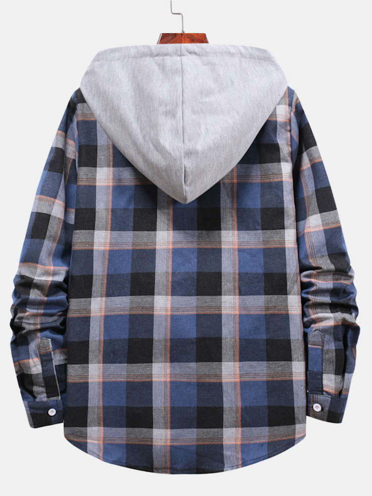 Men's Loose Long-sleeved Multi-color Plaid Drawstring Hooded Casual Shirt