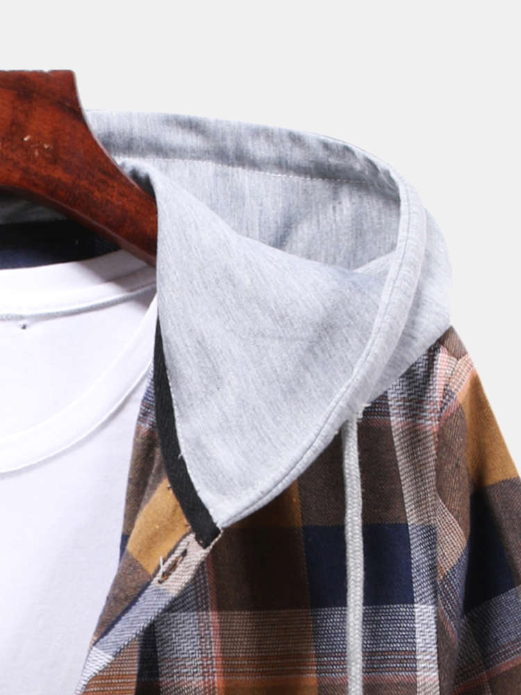 Men's Loose Long-sleeved Multi-color Plaid Drawstring Hooded Casual Shirt