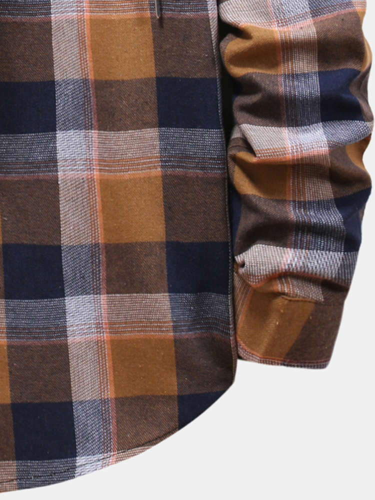 Men's Loose Long-sleeved Multi-color Plaid Drawstring Hooded Casual Shirt