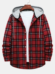 Contrast Hooded Check Vintage Men's Print Long Sleeve Button-Down Shirt