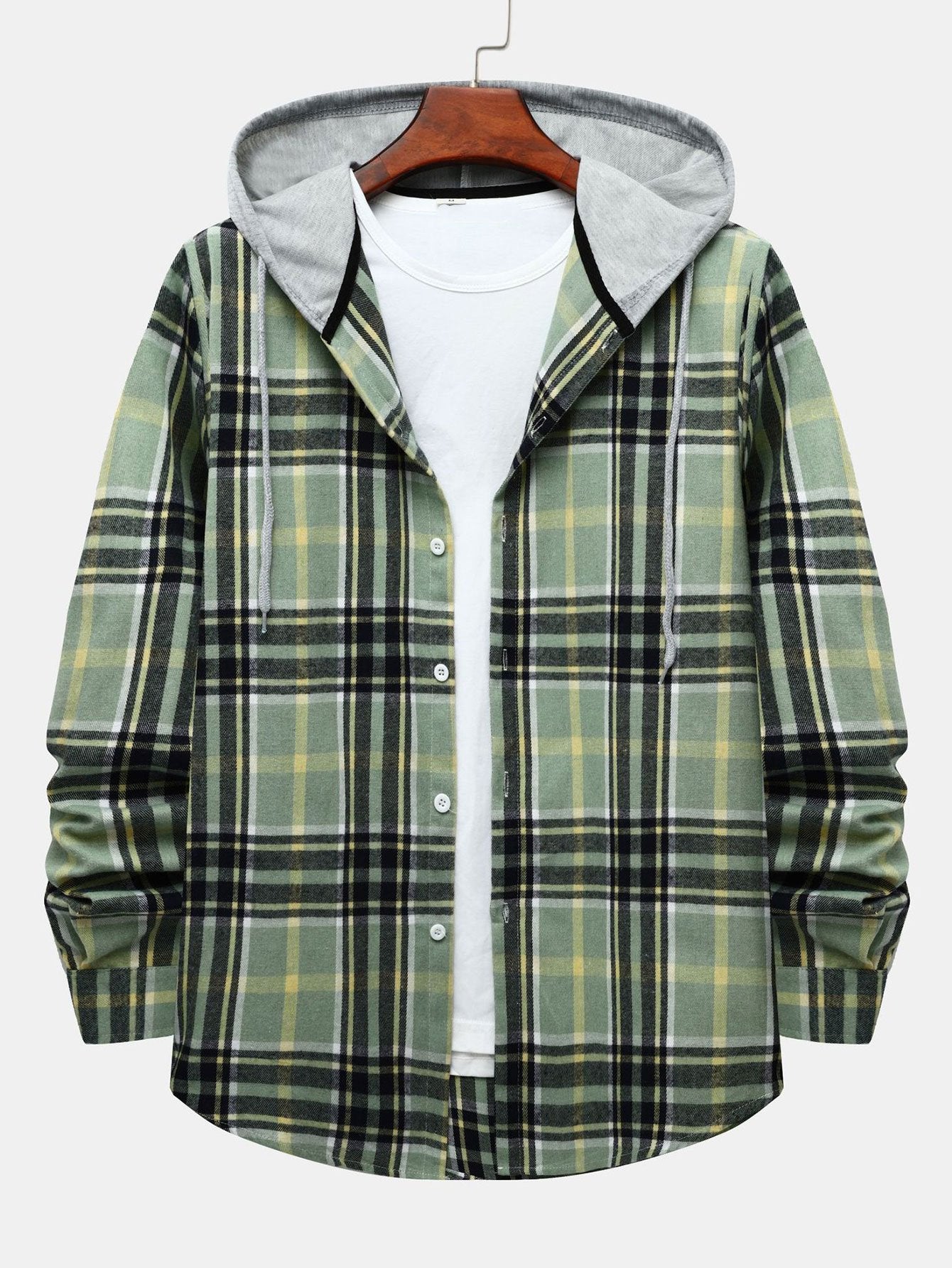 Men's Loose Plaid Hooded Shirt Multicolor Casual Long Sleeve Shirt