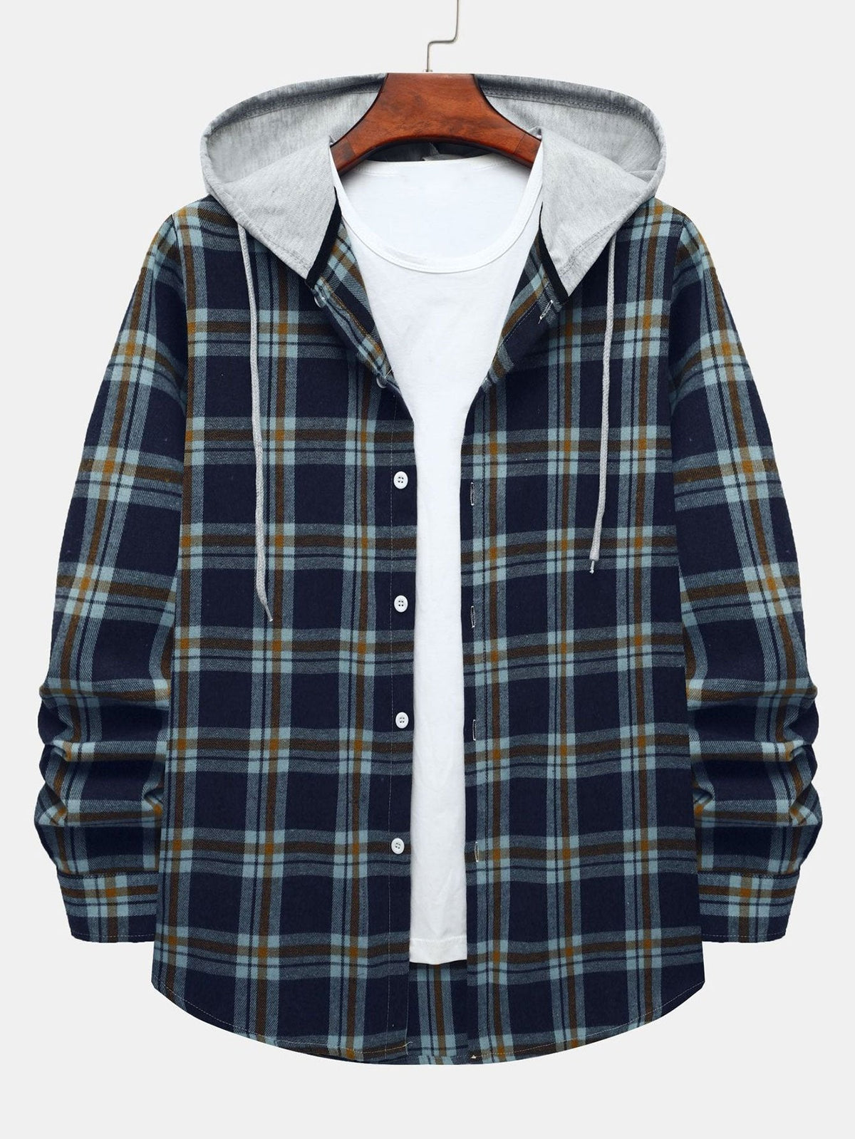 Contrast Hooded Check Vintage Men's Print Long Sleeve Button-Down Shirt