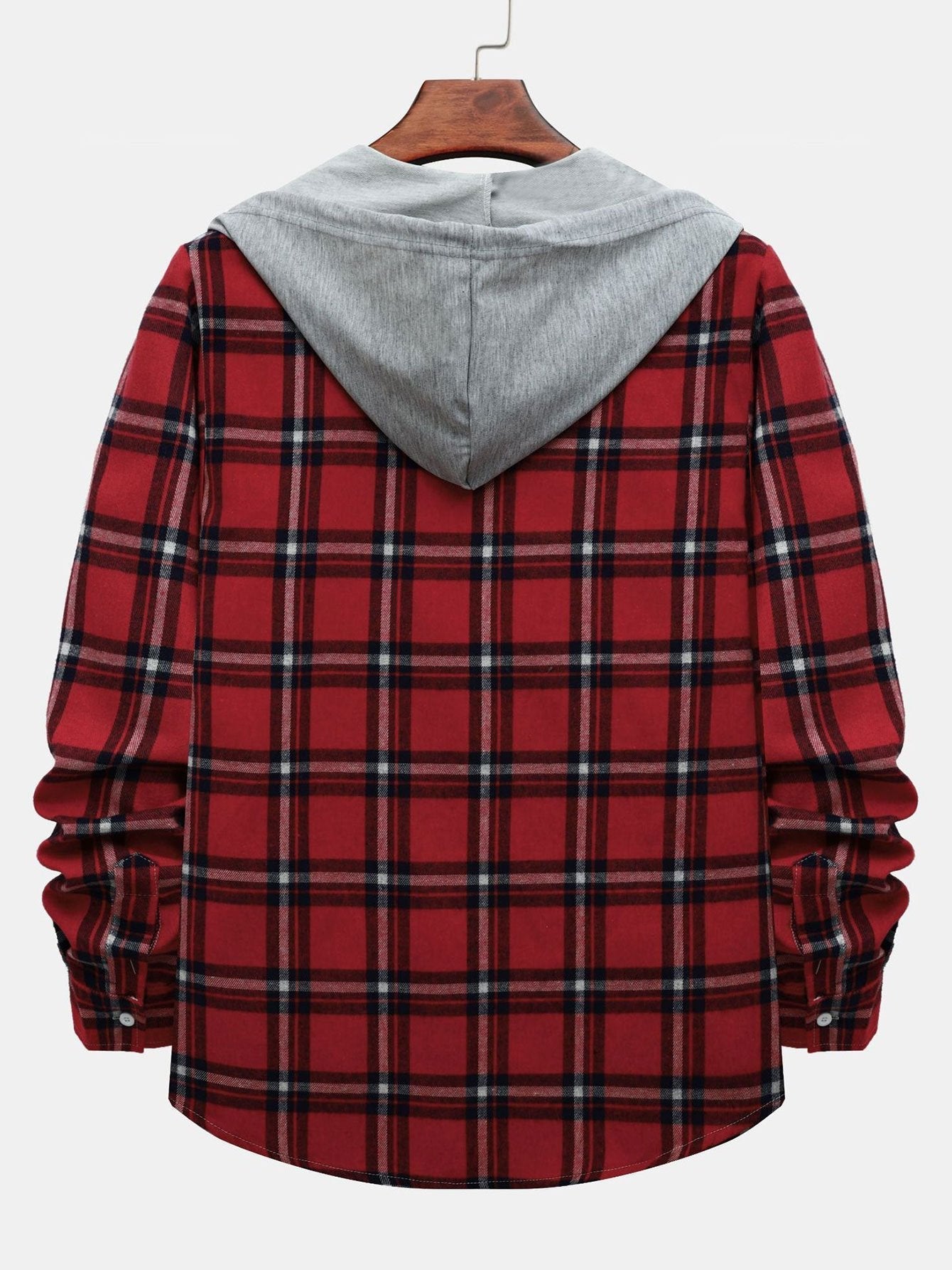 Contrast Hooded Check Vintage Men's Print Long Sleeve Button-Down Shirt