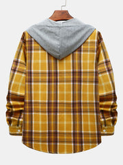 Men's Loose Plaid Hooded Shirt Multicolor Casual Long Sleeve Shirt