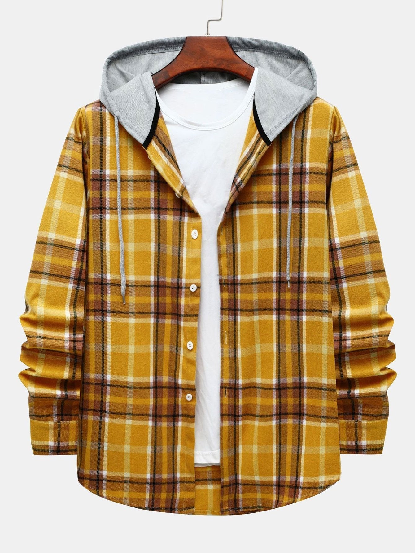 Men's Loose Plaid Hooded Shirt Multicolor Casual Long Sleeve Shirt