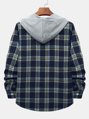 Contrast Hooded Check Vintage Men's Print Long Sleeve Button-Down Shirt