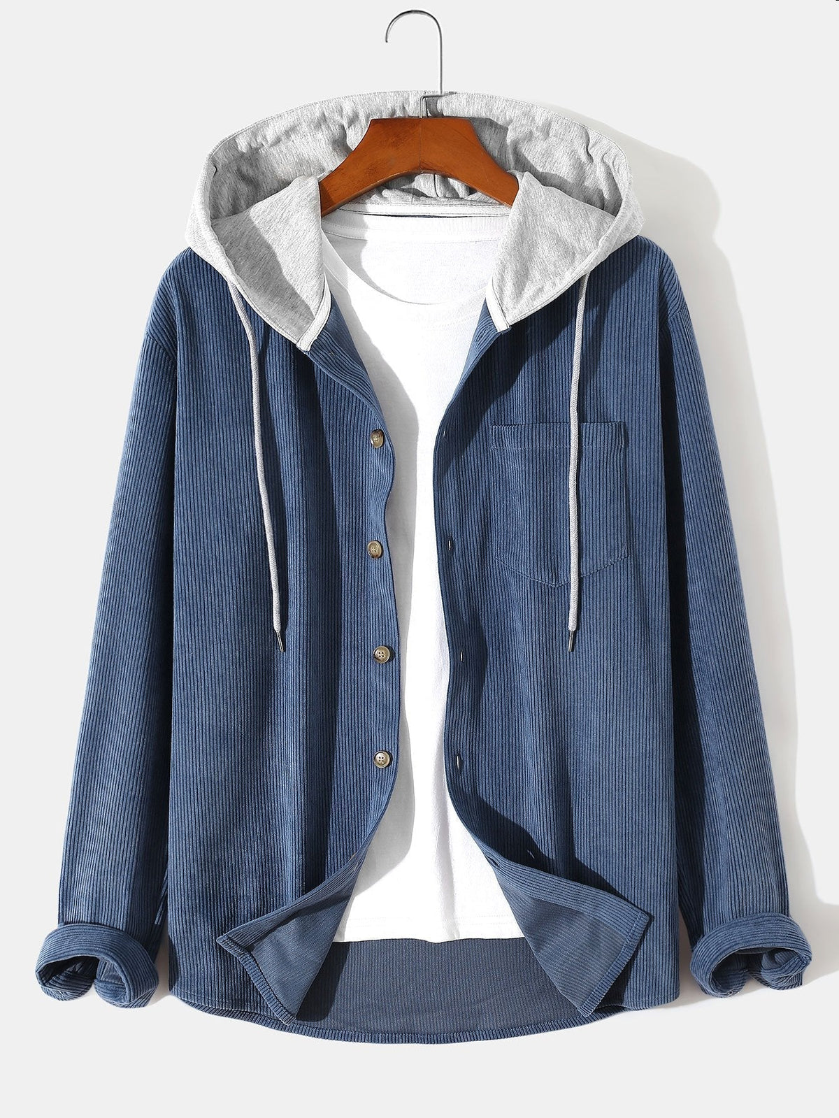 Long Sleeve Hooded Men's Coat Shirt Corduroy Solid Color Shirt